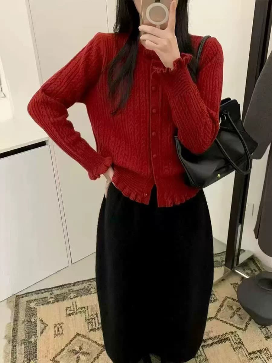 프랑스식 연령 감소 프릴 파란색 새로운 스웨터 니트 스웨터 여성 봄 가을 슬림해 보이는 루즈핏 꽈배기 만나는 맨위 이미지 2