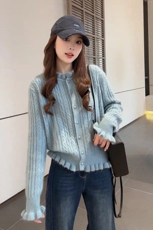 프랑스식 연령 감소 프릴 파란색 새로운 스웨터 니트 스웨터 여성 봄 가을 슬림해 보이는 루즈핏 꽈배기 만나는 맨위 상세 이미지 3