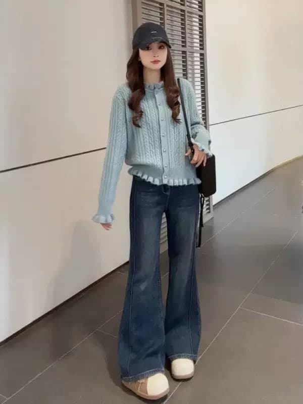 프랑스식 연령 감소 프릴 파란색 새로운 스웨터 니트 스웨터 여성 봄 가을 슬림해 보이는 루즈핏 꽈배기 만나는 맨위 상세 이미지 7
