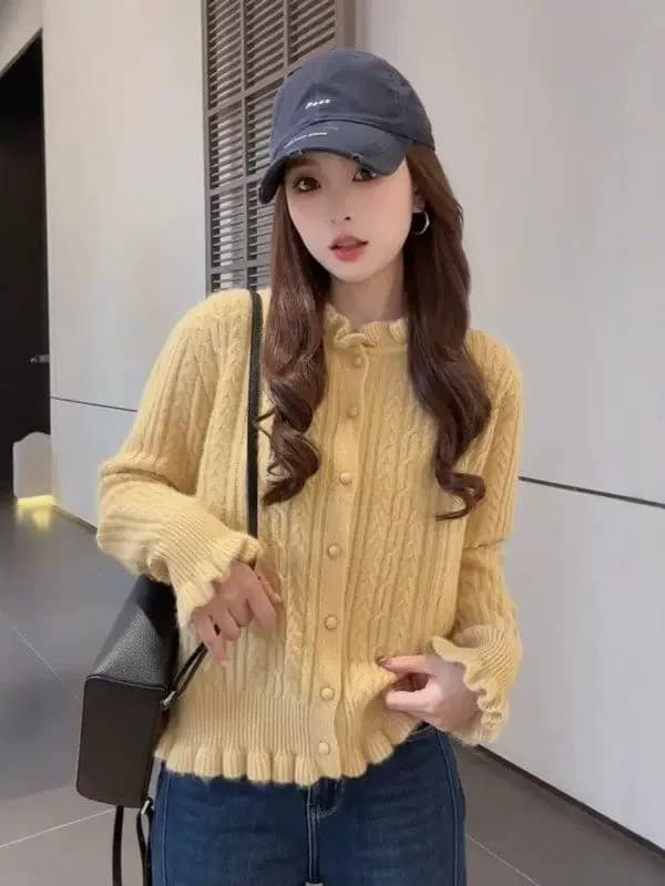 프랑스식 연령 감소 프릴 파란색 새로운 스웨터 니트 스웨터 여성 봄 가을 슬림해 보이는 루즈핏 꽈배기 만나는 맨위 상세 이미지 8