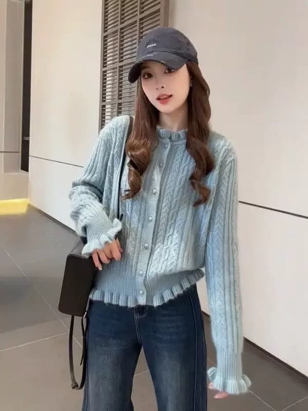 프랑스식 연령 감소 프릴 파란색 새로운 스웨터 니트 스웨터 여성 봄 가을 슬림해 보이는 루즈핏 꽈배기 만나는 맨위 상세 이미지 9