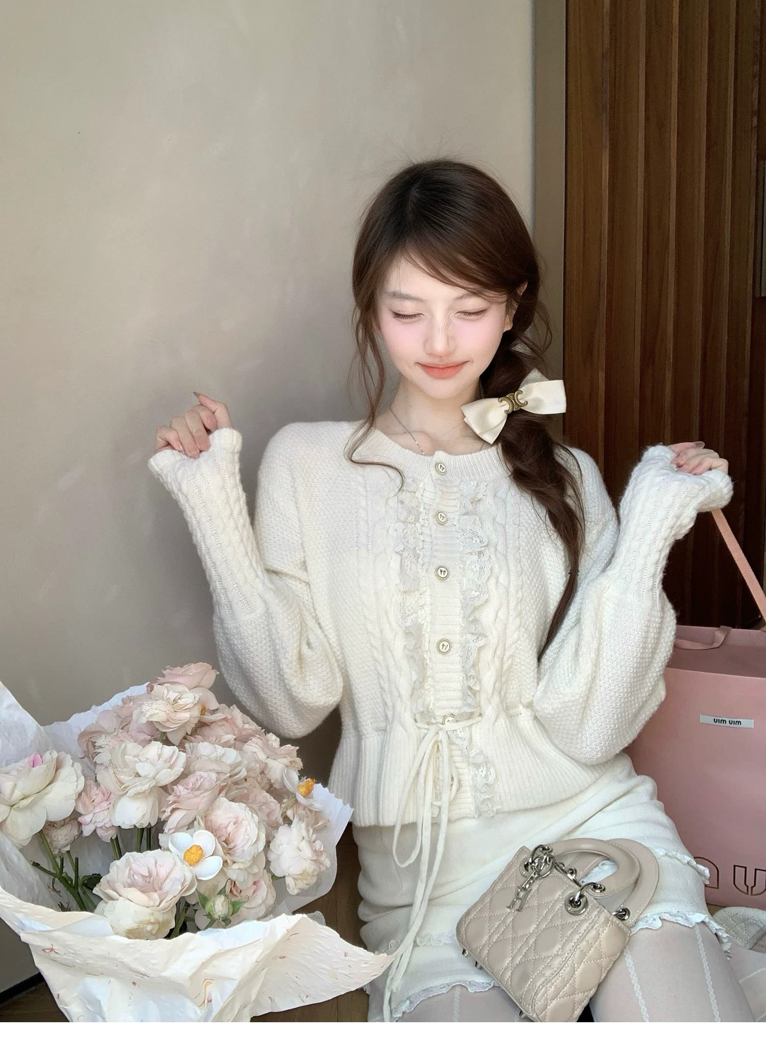 찹쌀 찹쌀 눈 만 중년 자수 궁정 천 골드 센스 레이스 레이스업 스웨터 코트 상세 이미지 2