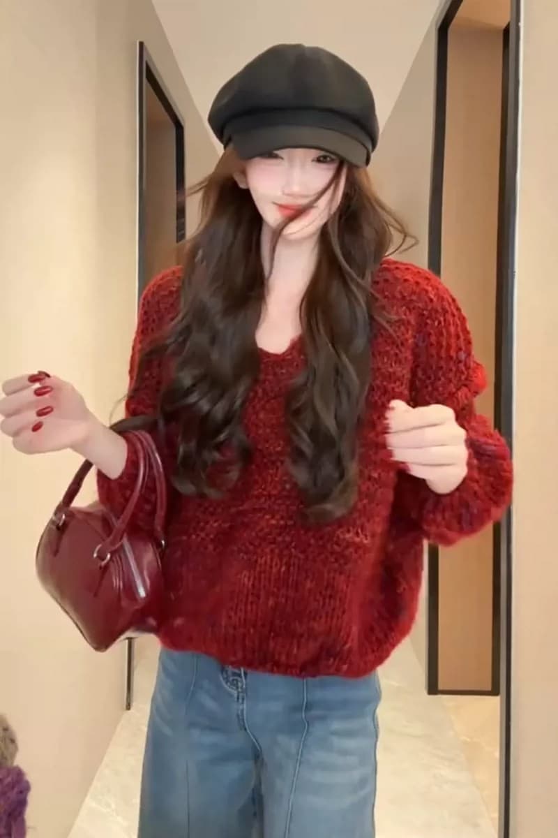 한 부서 부드러운 바람 V넥 두꺼운 털실 꽃무늬 풀오버 스웨터 여자 가을 겨울 부드러운 찹쌀 슬림해 보이는 다용도 연령 감소 니트 스웨터 상세 이미지 2