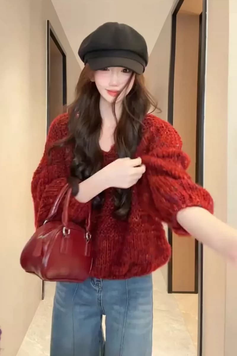 한 부서 부드러운 바람 V넥 두꺼운 털실 꽃무늬 풀오버 스웨터 여자 가을 겨울 부드러운 찹쌀 슬림해 보이는 다용도 연령 감소 니트 스웨터 상세 이미지 3