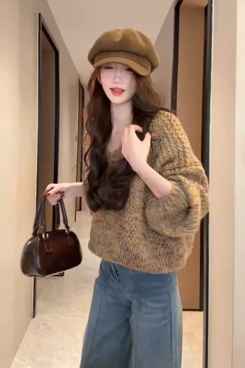 한 부서 부드러운 바람 V넥 두꺼운 털실 꽃무늬 풀오버 스웨터 여자 가을 겨울 부드러운 찹쌀 슬림해 보이는 다용도 연령 감소 니트 스웨터 상세 이미지 9