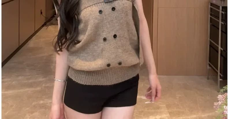 한 부서 레트로 이중 버튼 니트 튜브탑 조끼 여성 가을 고급 센스 작은 키 핫걸 캐주얼 바람 민소매 맨위 상세 이미지 12