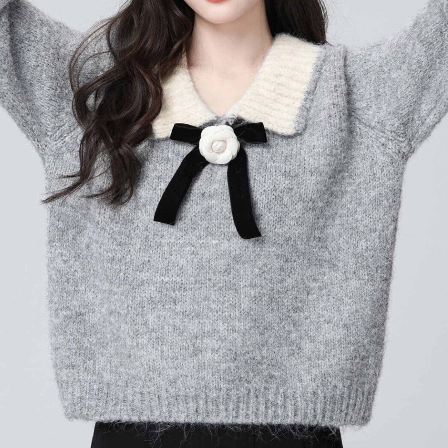 회색 폴로 칼라 스웨터 여자 가을 겨울 2026 겨울 새로운 나비 매듭 두꺼운 인사이드 가져 가라. 외출용 니트 스웨터 쇼트 스타일 맨위 이미지 3