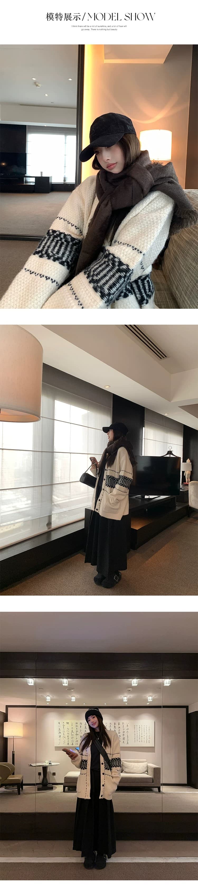 자카드 V넥 스웨터 오픈 가디건 여성 코트 겨울 두꺼운 루즈핏 다용도 슬림해 보이는 양모 니트 맨위 상세 이미지 1