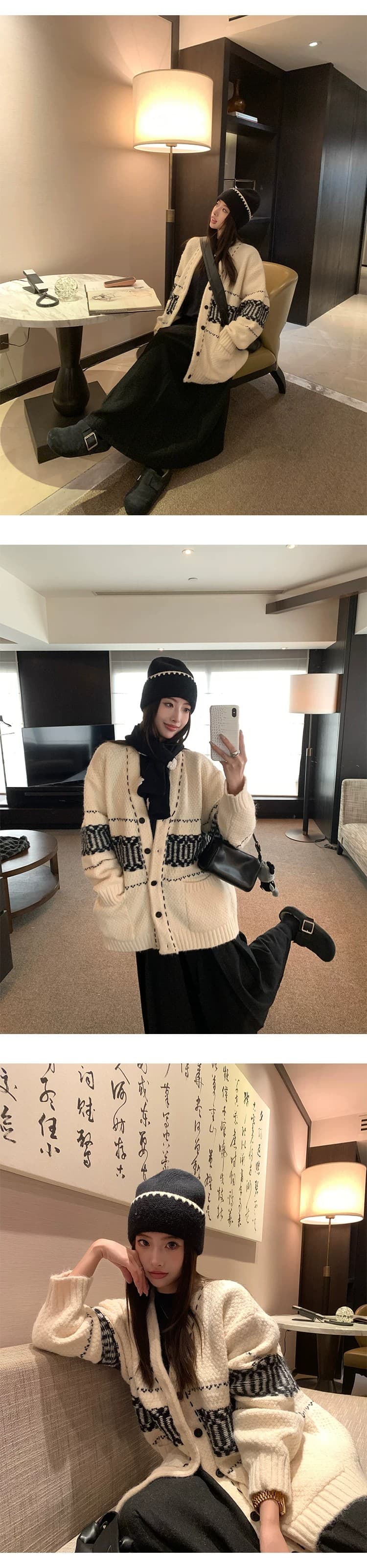 자카드 V넥 스웨터 오픈 가디건 여성 코트 겨울 두꺼운 루즈핏 다용도 슬림해 보이는 양모 니트 맨위 상세 이미지 2