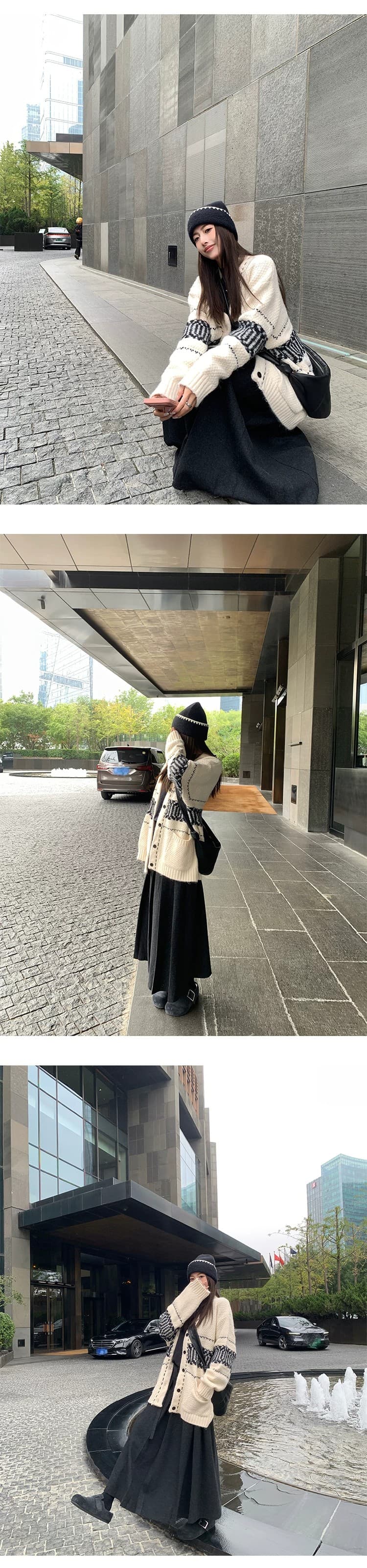 자카드 V넥 스웨터 오픈 가디건 여성 코트 겨울 두꺼운 루즈핏 다용도 슬림해 보이는 양모 니트 맨위 상세 이미지 3