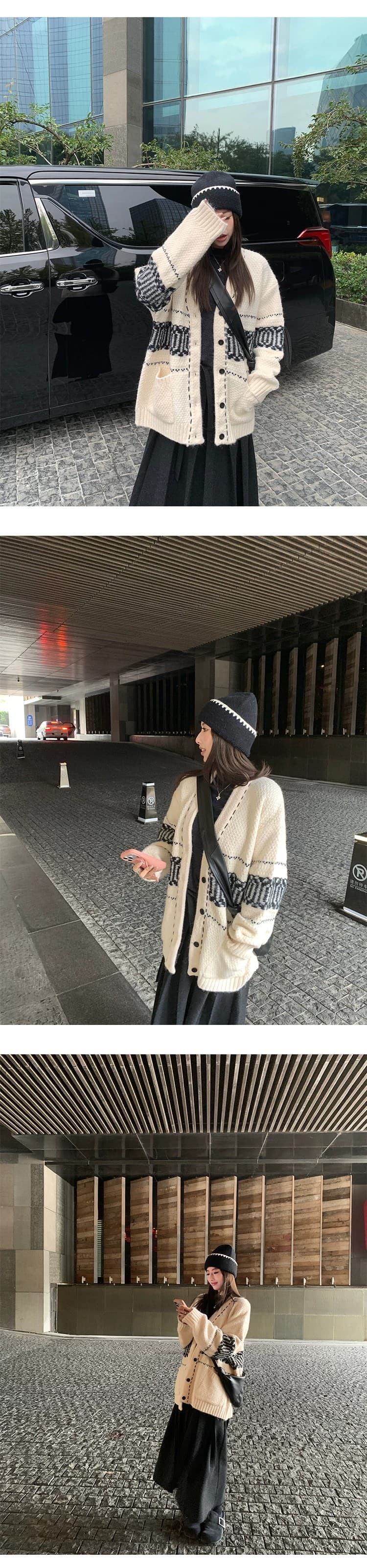 자카드 V넥 스웨터 오픈 가디건 여성 코트 겨울 두꺼운 루즈핏 다용도 슬림해 보이는 양모 니트 맨위 상세 이미지 4