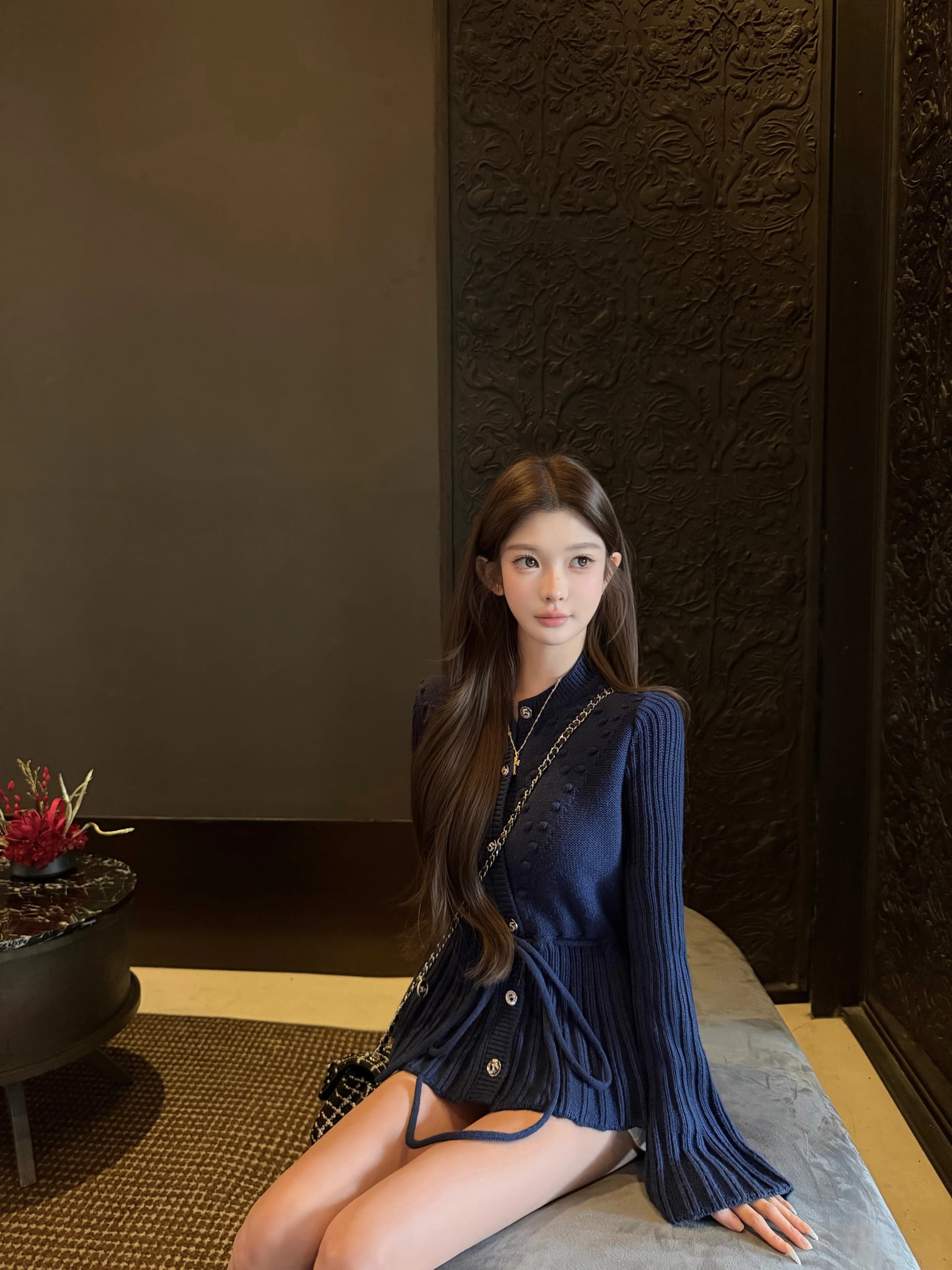 프랑스식 범프 무늬 플리츠 프릴 니트 여성 코트 가을 겨울 새로운 몸매 가꾸기 허리 수축 슬림해 보이는 스웨터 오픈 가디건 이미지 4