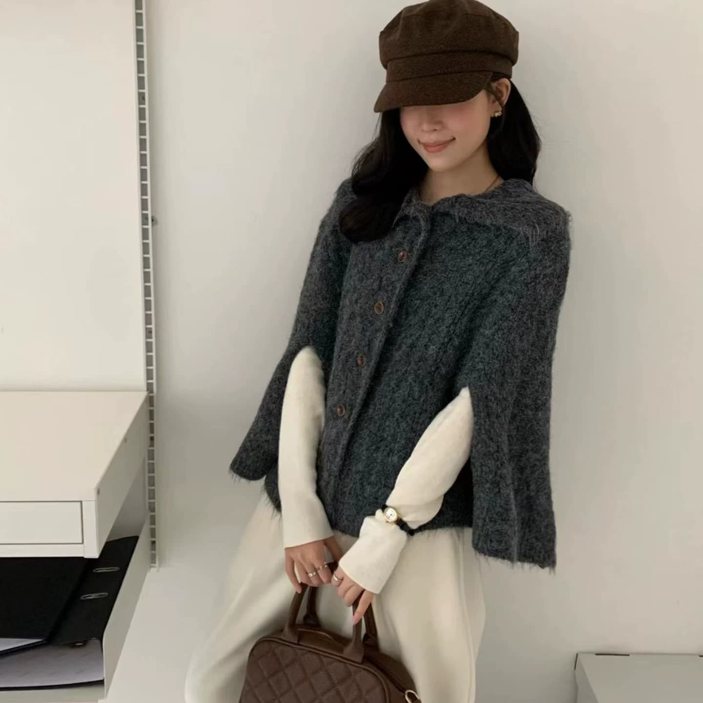 한 부서 느긋한 바람 레트로 폴로 칼라 꽈배기 니트 오픈 가디건 여성 고급 센스 부서 버클 다용도 망토 스웨터 오픈 가디건 이미지 2
