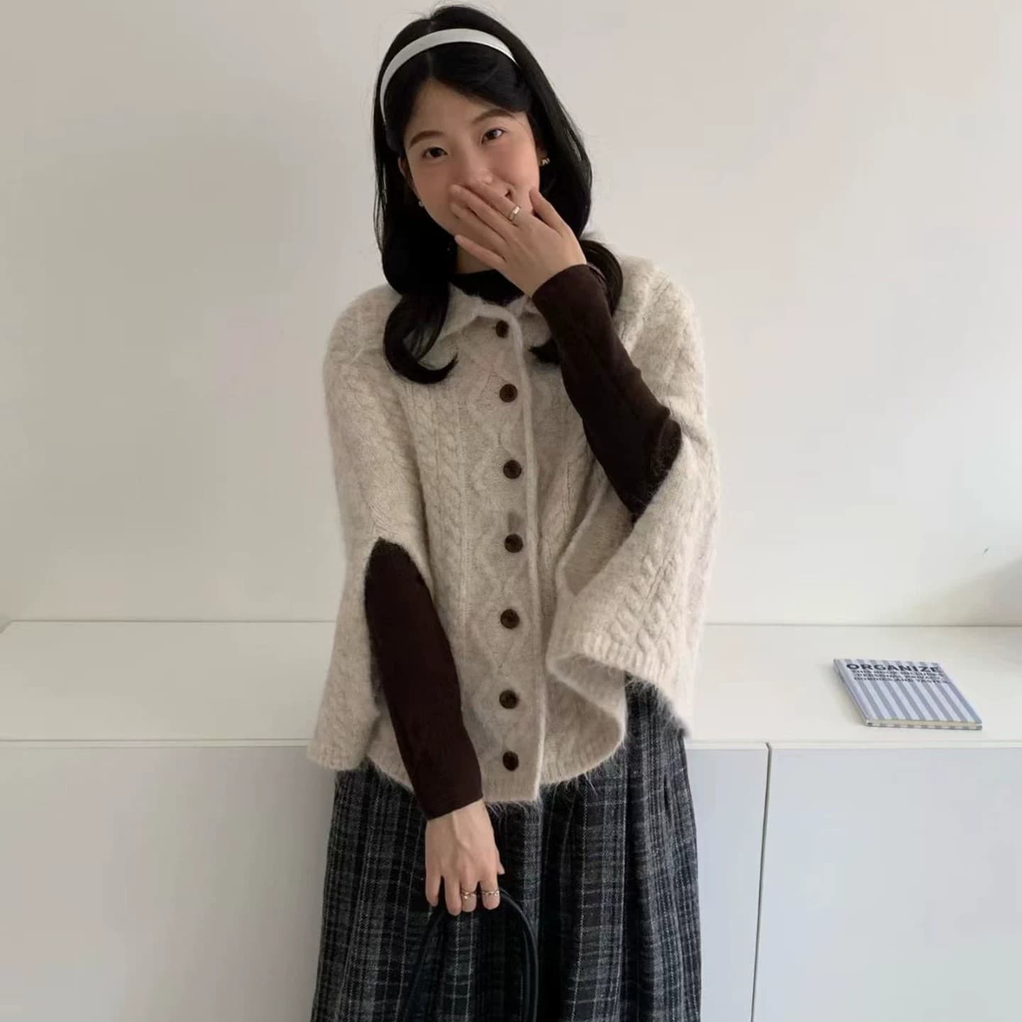 한 부서 느긋한 바람 레트로 폴로 칼라 꽈배기 니트 오픈 가디건 여성 고급 센스 부서 버클 다용도 망토 스웨터 오픈 가디건