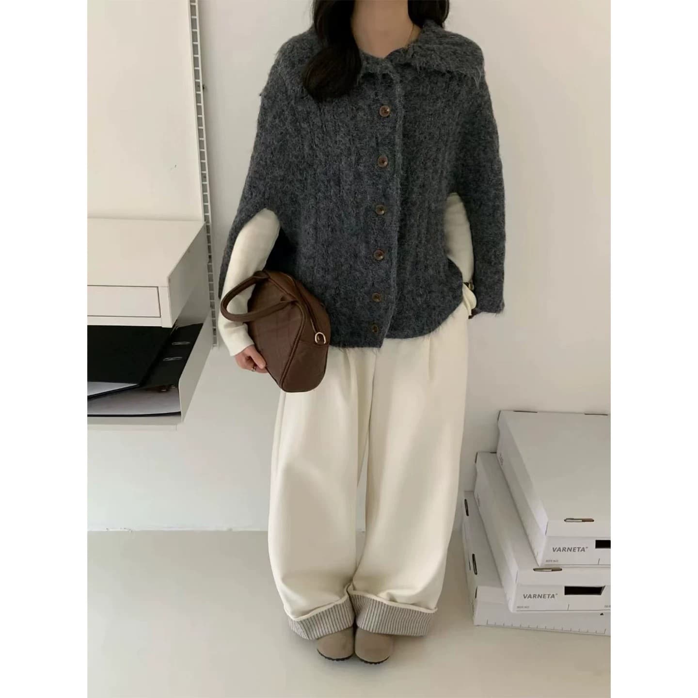 한 부서 느긋한 바람 레트로 폴로 칼라 꽈배기 니트 오픈 가디건 여성 고급 센스 부서 버클 다용도 망토 스웨터 오픈 가디건 이미지 4