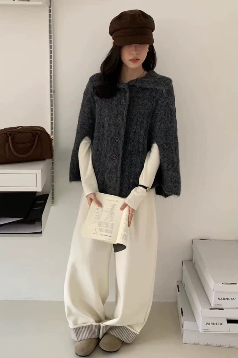 한 부서 느긋한 바람 레트로 폴로 칼라 꽈배기 니트 오픈 가디건 여성 고급 센스 부서 버클 다용도 망토 스웨터 오픈 가디건 상세 이미지 1