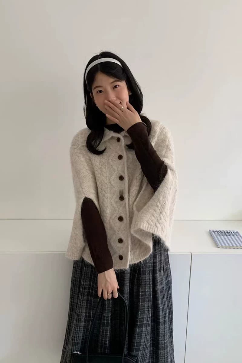 한 부서 느긋한 바람 레트로 폴로 칼라 꽈배기 니트 오픈 가디건 여성 고급 센스 부서 버클 다용도 망토 스웨터 오픈 가디건 상세 이미지 2