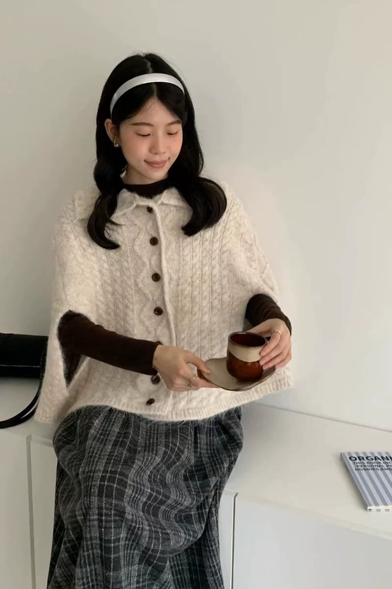 한 부서 느긋한 바람 레트로 폴로 칼라 꽈배기 니트 오픈 가디건 여성 고급 센스 부서 버클 다용도 망토 스웨터 오픈 가디건 상세 이미지 3