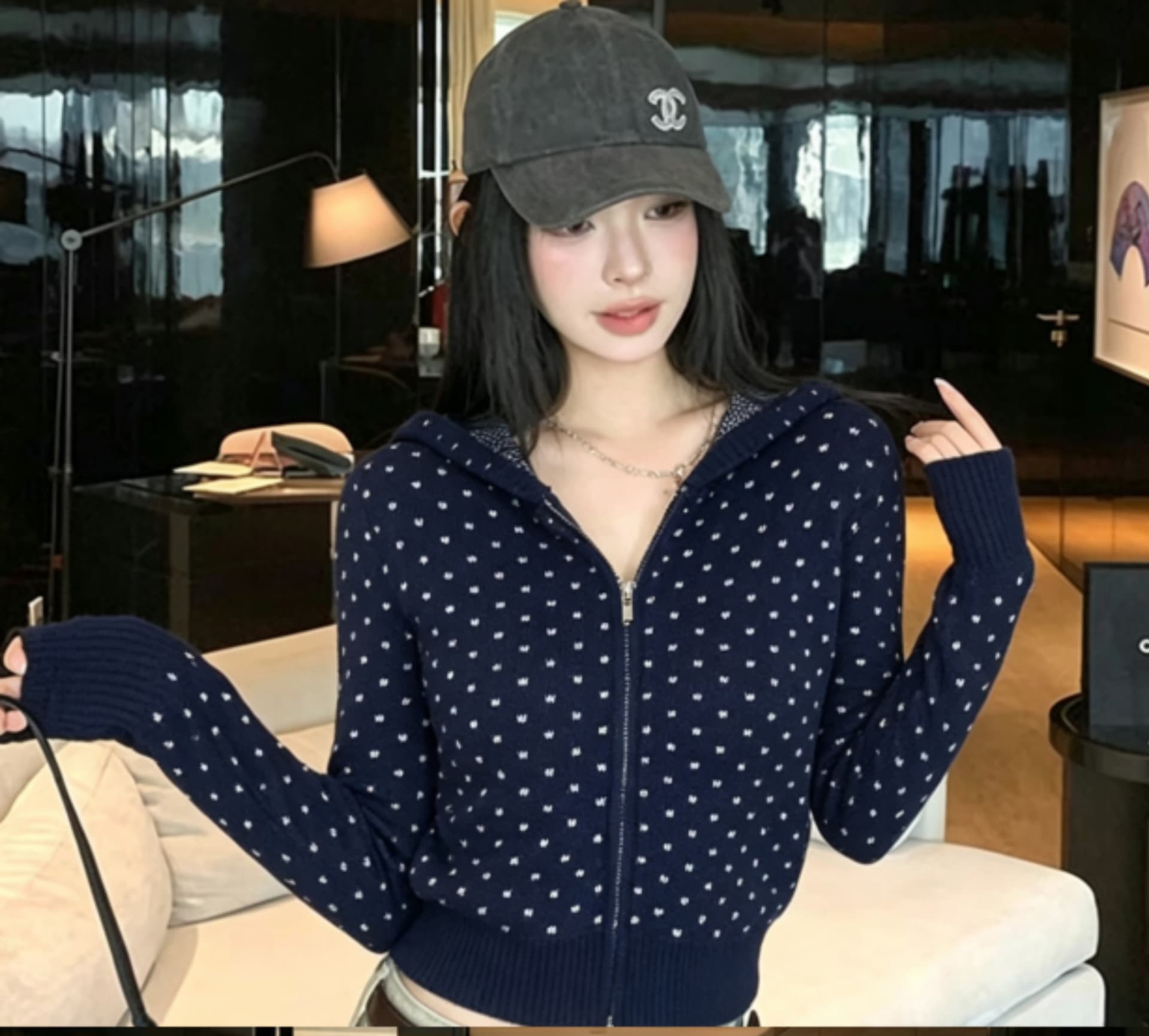 아메리칸 레트로 화이트 도트 무늬 후드 지퍼 후드티 여성 코트 가을 2026 새로운 루즈핏 다용도 짧은 맨위 상세 이미지 4