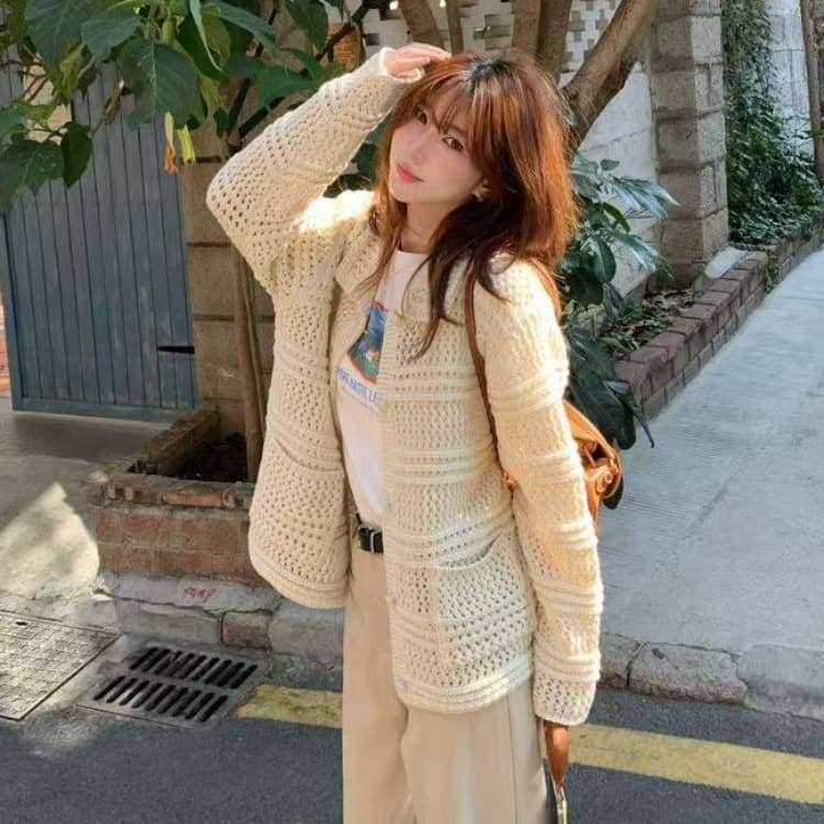 가을과 겨울 니트 순양모 오픈 가디건 여성 라운드 넥 작은 샤넬 스타일 루즈핏 아름다움 폭발 스웨터 코트 술 니트 맨위 이미지 2