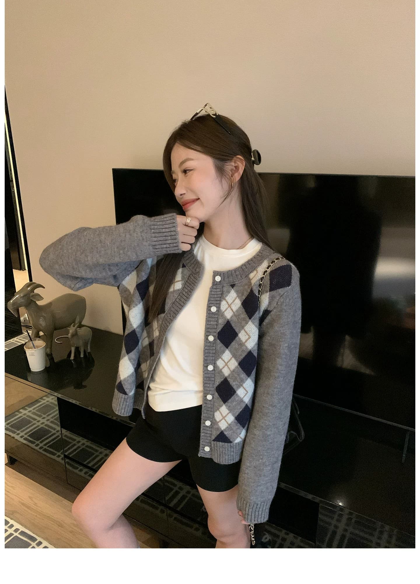 한 부서 링 그리드 니트 오픈 가디건 여성 가을 라운드 넥 스웨터 코트 레트로 학원 슬림해 보이는 외출용 맨위 상세 이미지 2