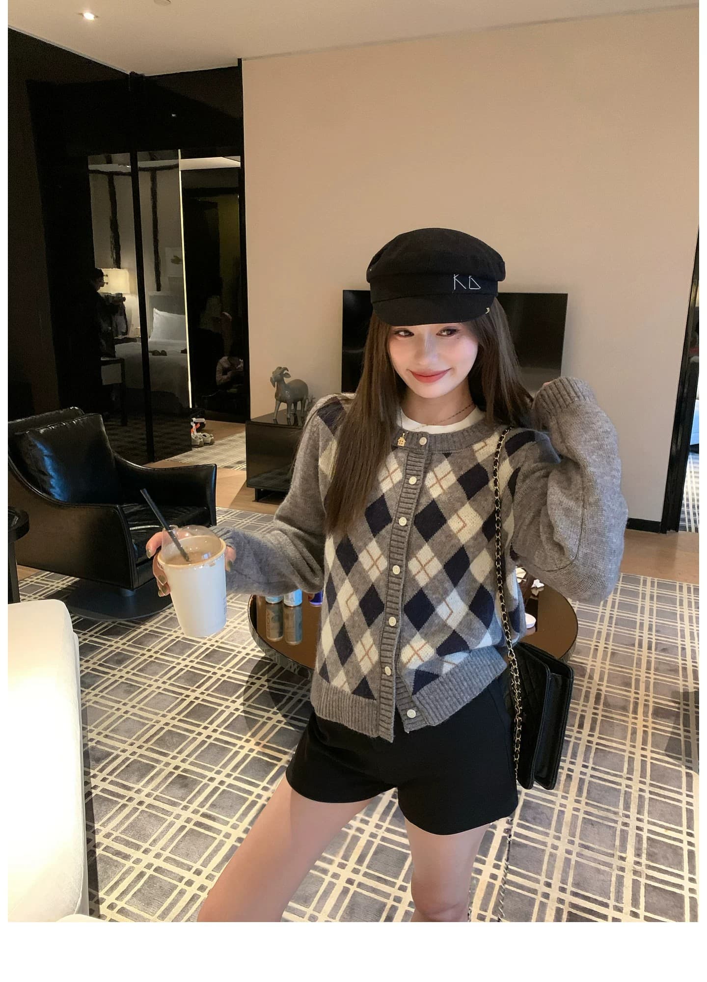 한 부서 링 그리드 니트 오픈 가디건 여성 가을 라운드 넥 스웨터 코트 레트로 학원 슬림해 보이는 외출용 맨위 상세 이미지 10