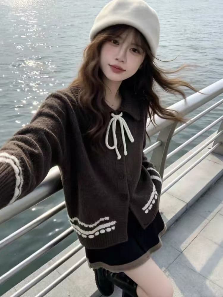 2026 새로운 여자 루즈핏 레트로 폴로 칼라 레이스업 니트 오픈 가디건 스웨터 맨위