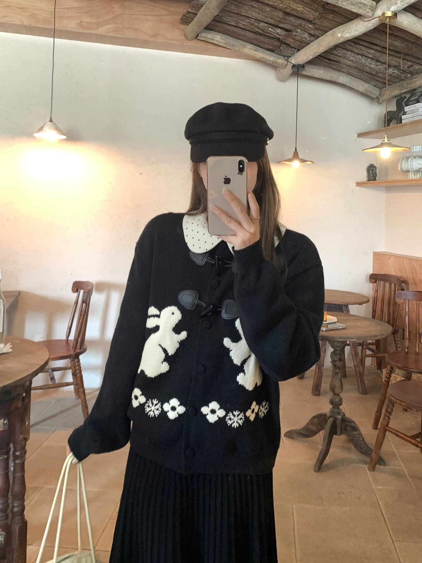느긋한 스웨터 세트 여성 소뿔 버클 토끼 자카드 오픈 가디건 인사이드 가져 가라. 베이비 칼라 도트 무늬 맨위 투피스 세트 이미지 3
