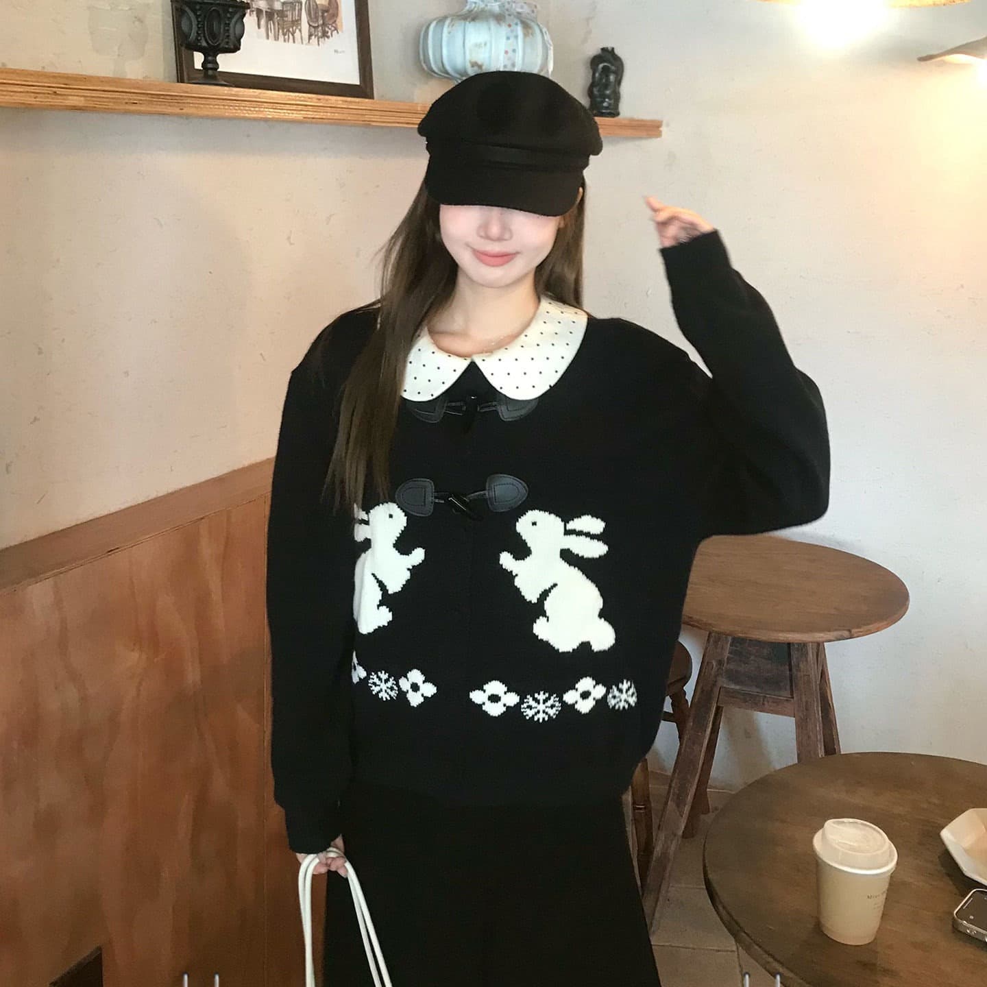느긋한 스웨터 세트 여성 소뿔 버클 토끼 자카드 오픈 가디건 인사이드 가져 가라. 베이비 칼라 도트 무늬 맨위 투피스 세트 이미지 2