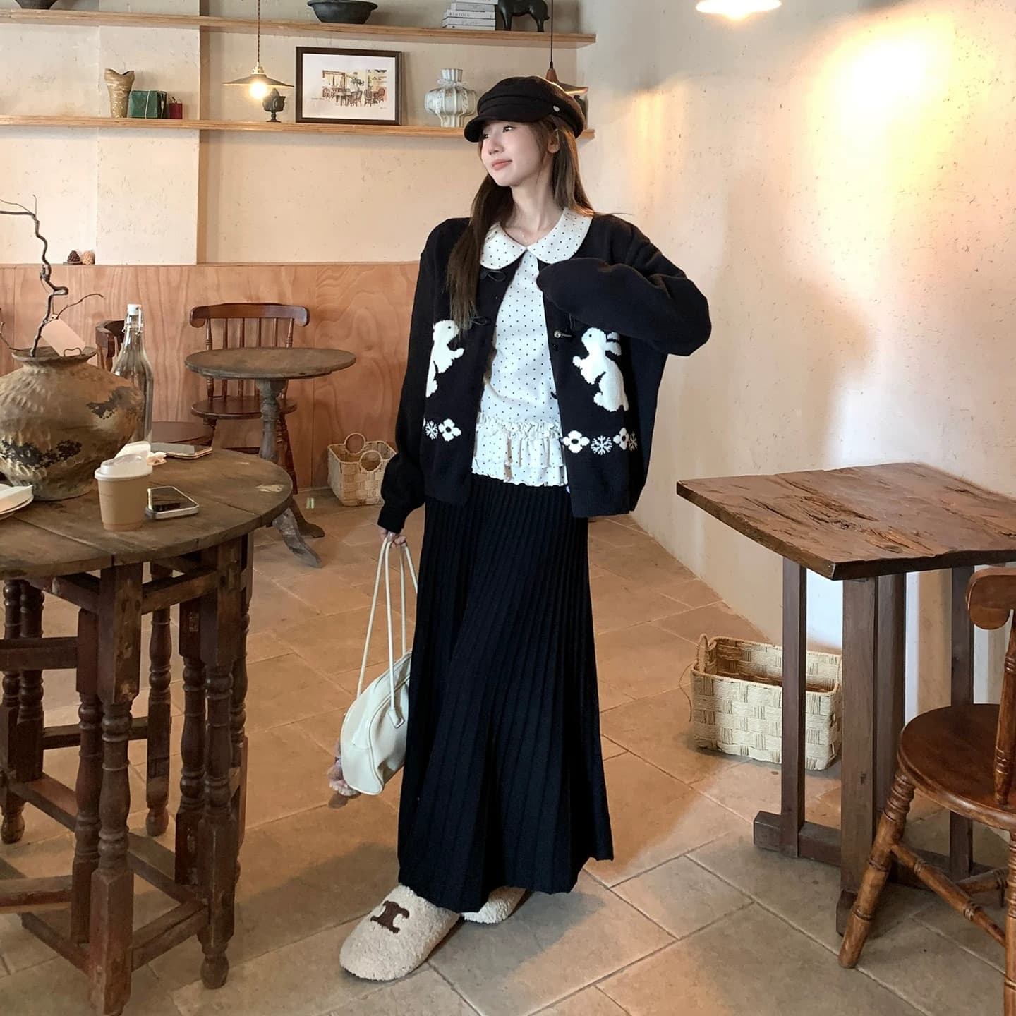 느긋한 스웨터 세트 여성 소뿔 버클 토끼 자카드 오픈 가디건 인사이드 가져 가라. 베이비 칼라 도트 무늬 맨위 투피스 세트 이미지 6