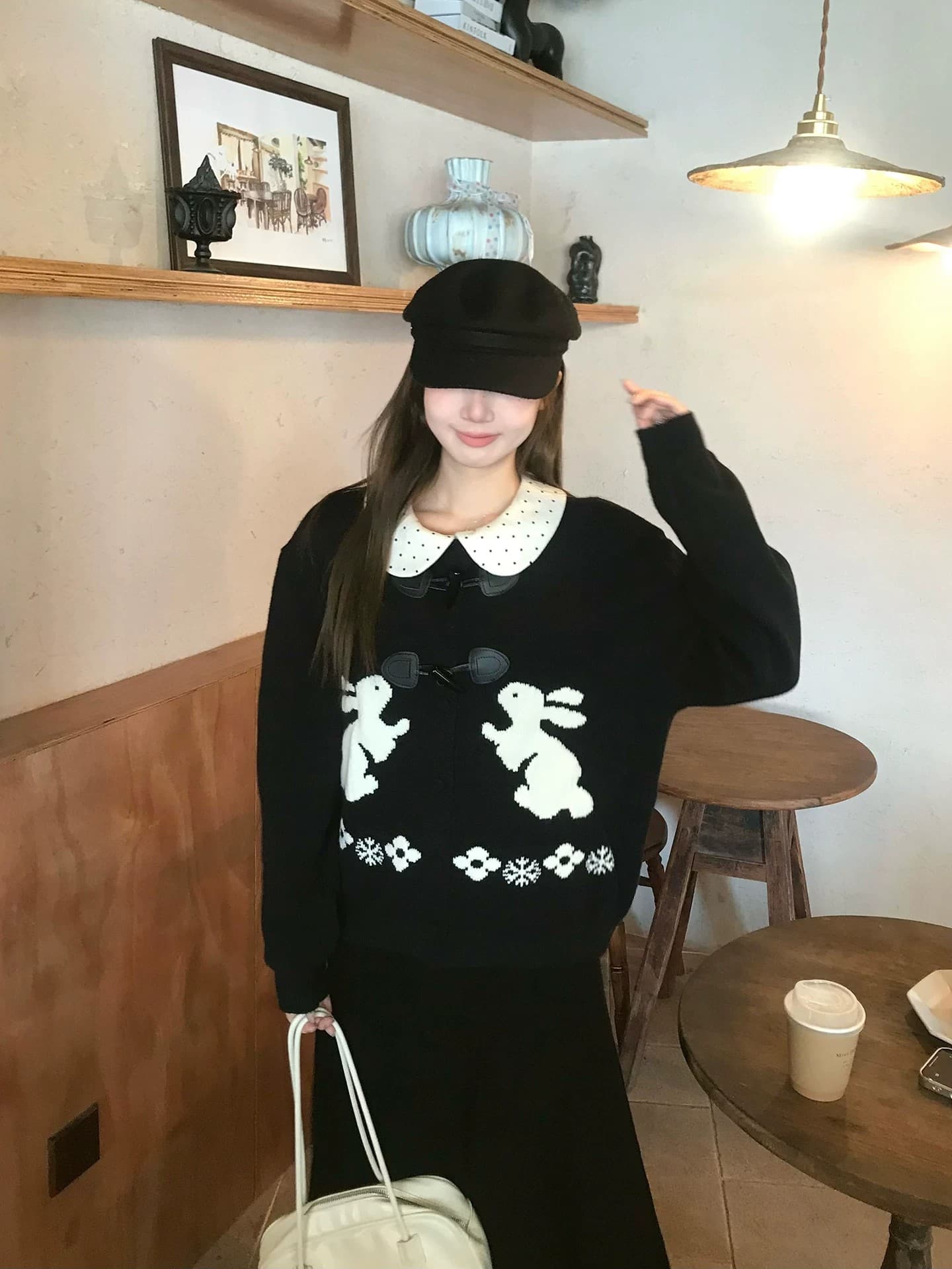 느긋한 스웨터 세트 여성 소뿔 버클 토끼 자카드 오픈 가디건 인사이드 가져 가라. 베이비 칼라 도트 무늬 맨위 투피스 세트 상세 이미지 1