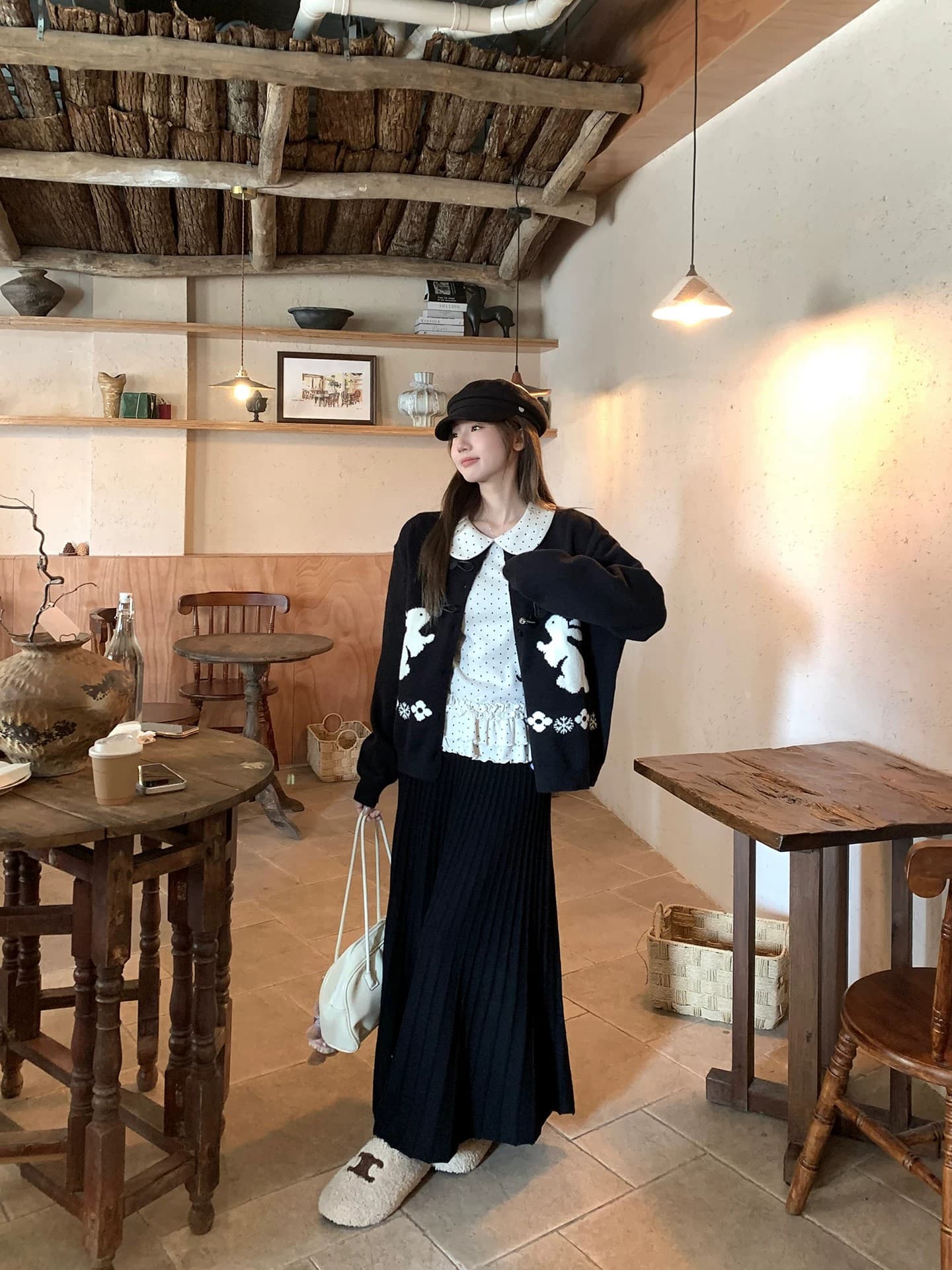 느긋한 스웨터 세트 여성 소뿔 버클 토끼 자카드 오픈 가디건 인사이드 가져 가라. 베이비 칼라 도트 무늬 맨위 투피스 세트 상세 이미지 2