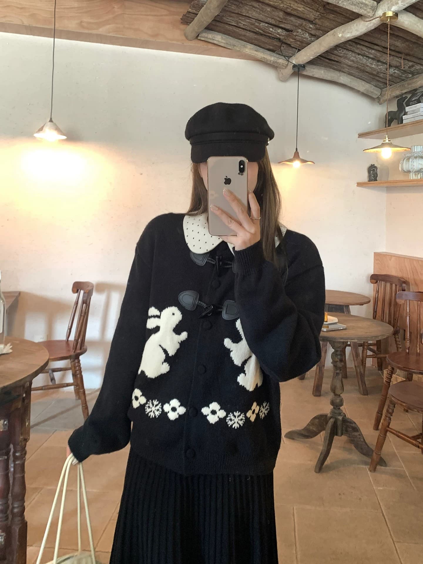 느긋한 스웨터 세트 여성 소뿔 버클 토끼 자카드 오픈 가디건 인사이드 가져 가라. 베이비 칼라 도트 무늬 맨위 투피스 세트 상세 이미지 3