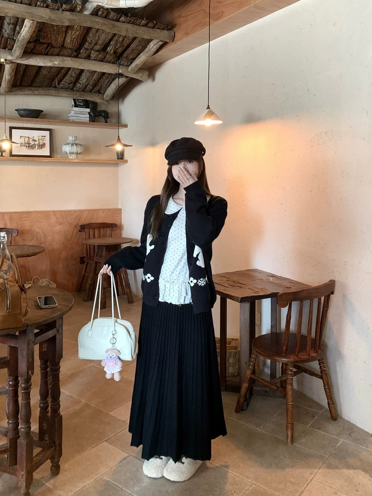느긋한 스웨터 세트 여성 소뿔 버클 토끼 자카드 오픈 가디건 인사이드 가져 가라. 베이비 칼라 도트 무늬 맨위 투피스 세트 상세 이미지 4
