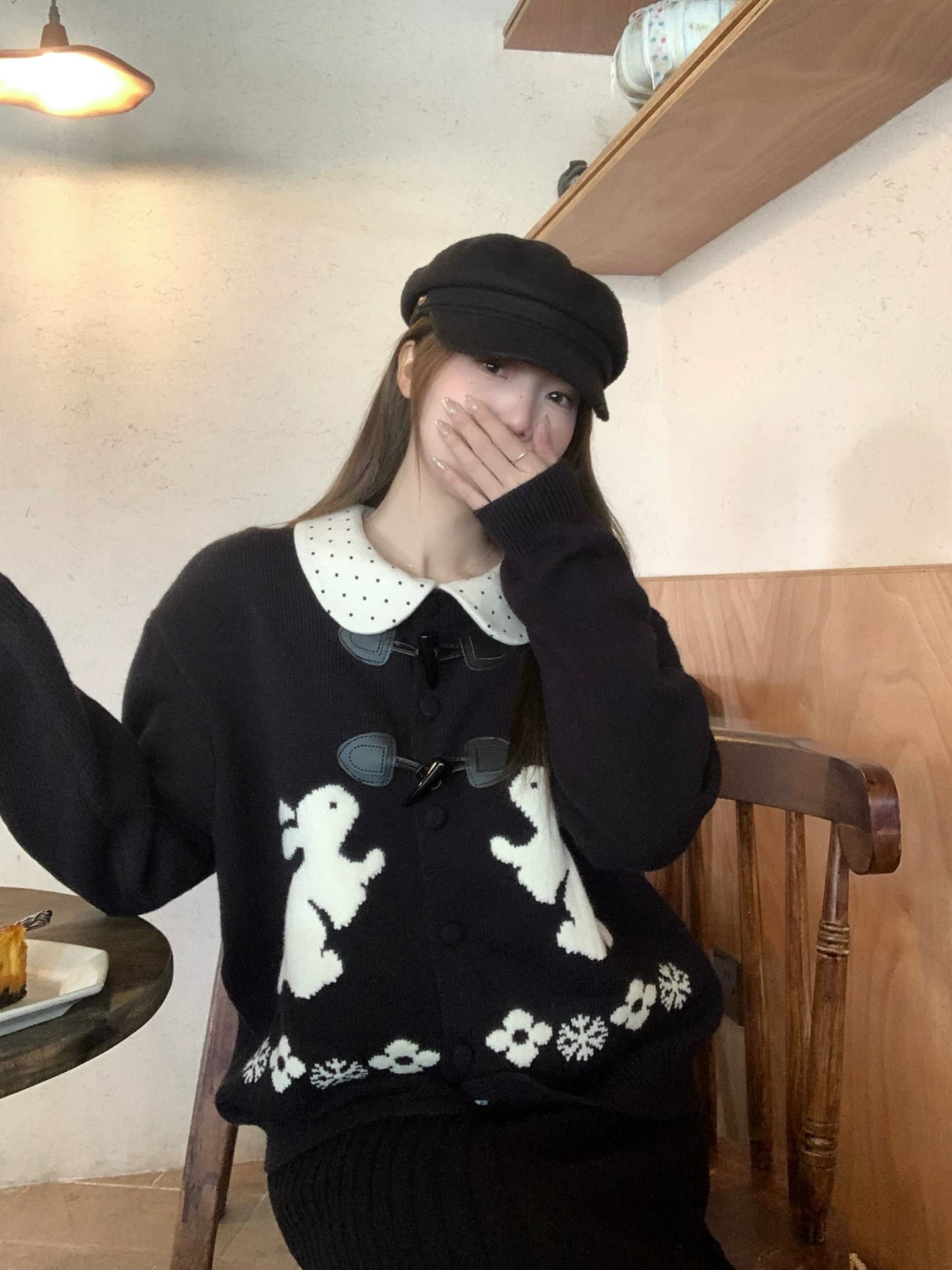 느긋한 스웨터 세트 여성 소뿔 버클 토끼 자카드 오픈 가디건 인사이드 가져 가라. 베이비 칼라 도트 무늬 맨위 투피스 세트 상세 이미지 6