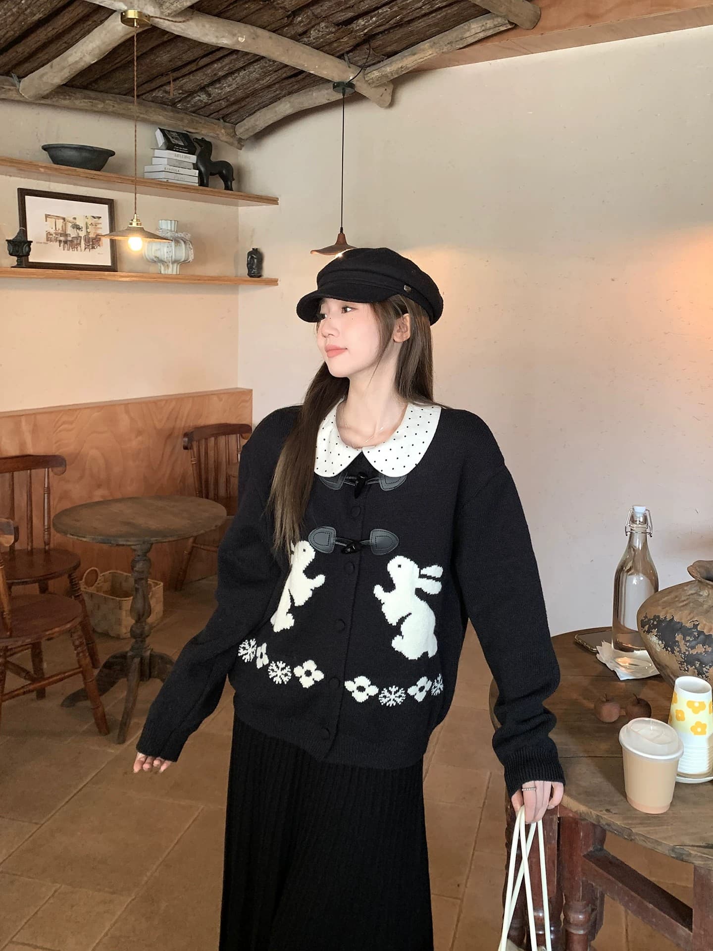 느긋한 스웨터 세트 여성 소뿔 버클 토끼 자카드 오픈 가디건 인사이드 가져 가라. 베이비 칼라 도트 무늬 맨위 투피스 세트 상세 이미지 7