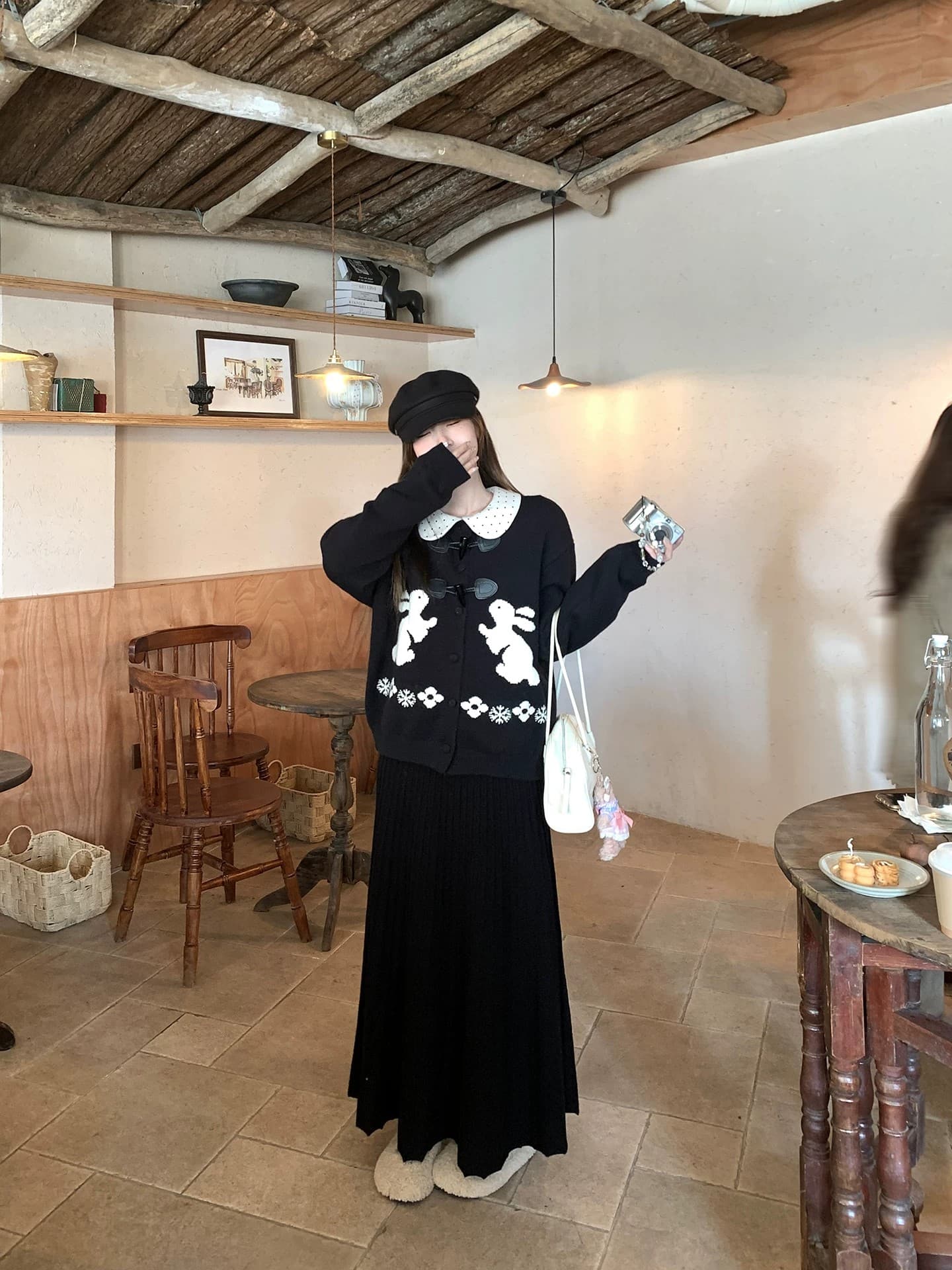 느긋한 스웨터 세트 여성 소뿔 버클 토끼 자카드 오픈 가디건 인사이드 가져 가라. 베이비 칼라 도트 무늬 맨위 투피스 세트 상세 이미지 8