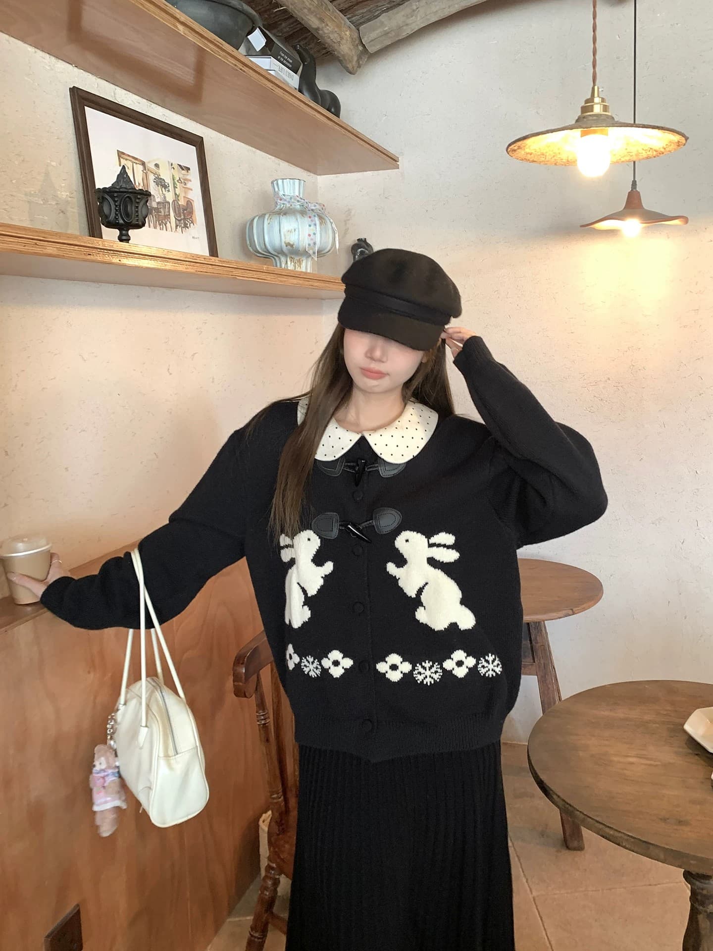 느긋한 스웨터 세트 여성 소뿔 버클 토끼 자카드 오픈 가디건 인사이드 가져 가라. 베이비 칼라 도트 무늬 맨위 투피스 세트 상세 이미지 9