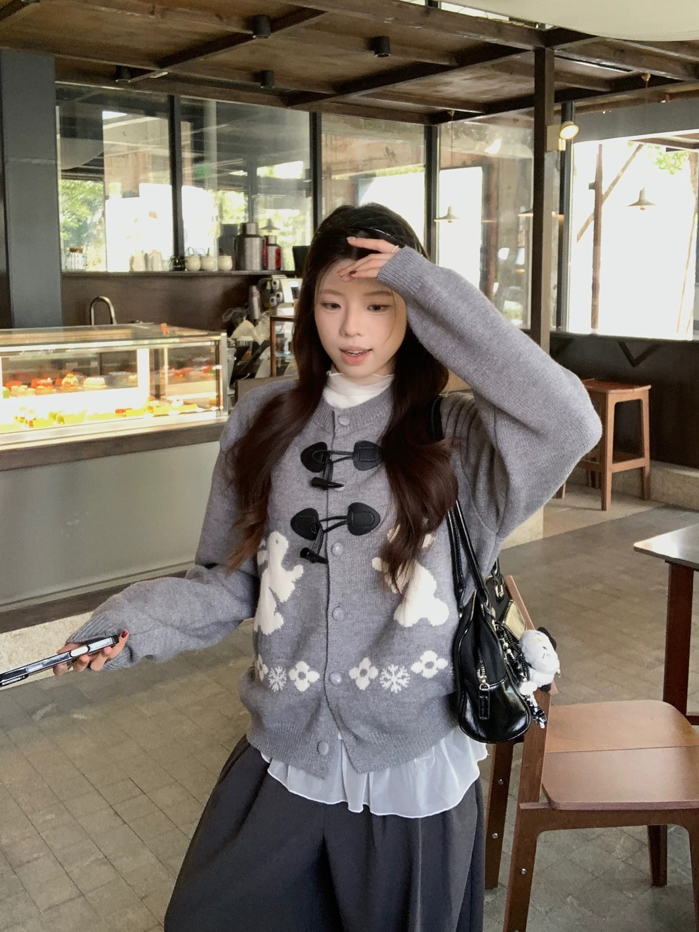 느긋한 스웨터 세트 여성 소뿔 버클 토끼 자카드 오픈 가디건 인사이드 가져 가라. 베이비 칼라 도트 무늬 맨위 투피스 세트 상세 이미지 14