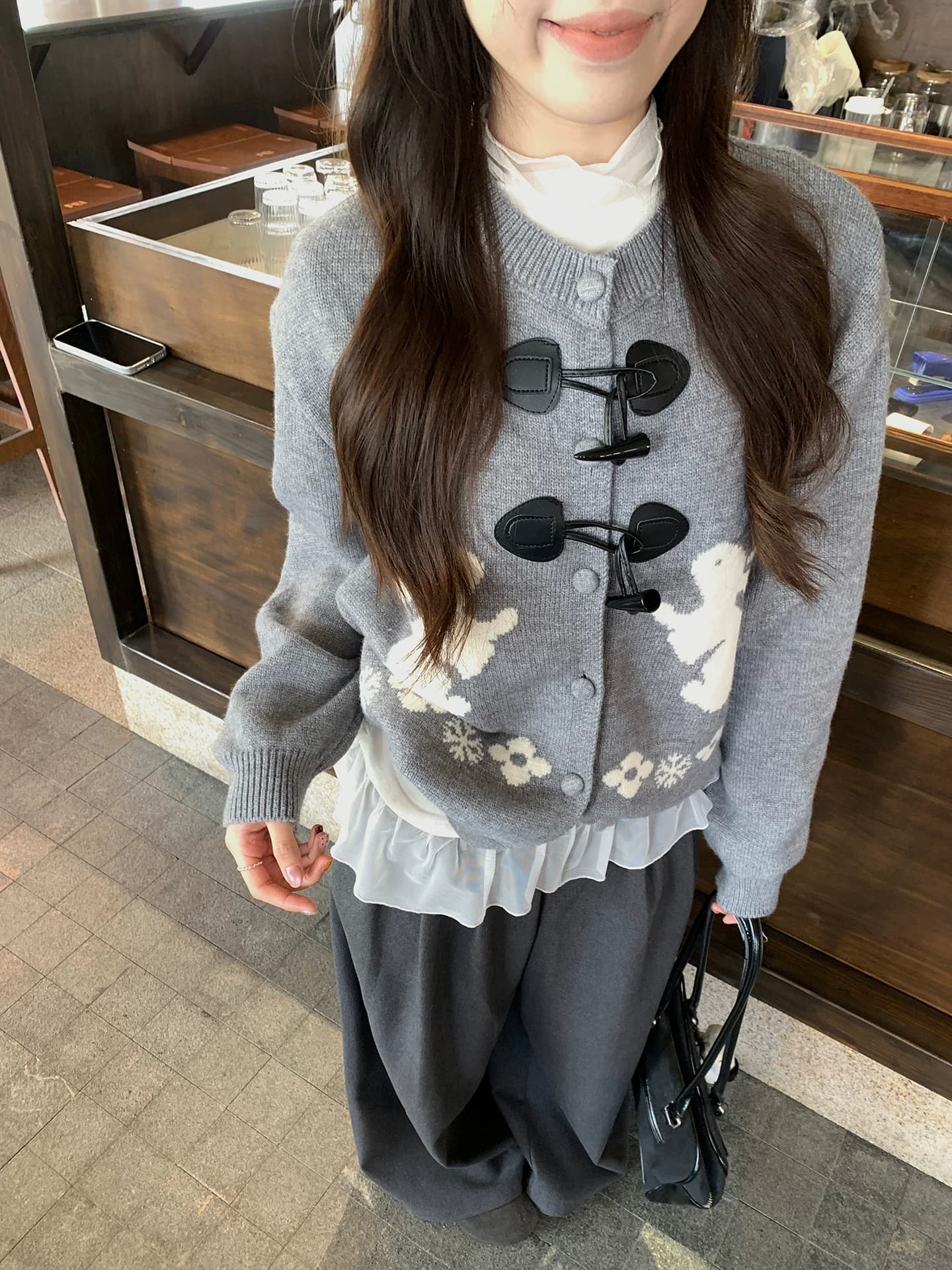 느긋한 스웨터 세트 여성 소뿔 버클 토끼 자카드 오픈 가디건 인사이드 가져 가라. 베이비 칼라 도트 무늬 맨위 투피스 세트 상세 이미지 16