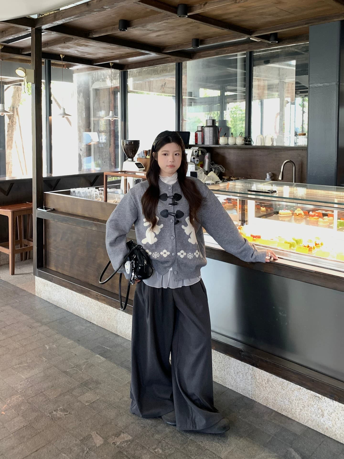 느긋한 스웨터 세트 여성 소뿔 버클 토끼 자카드 오픈 가디건 인사이드 가져 가라. 베이비 칼라 도트 무늬 맨위 투피스 세트 상세 이미지 18