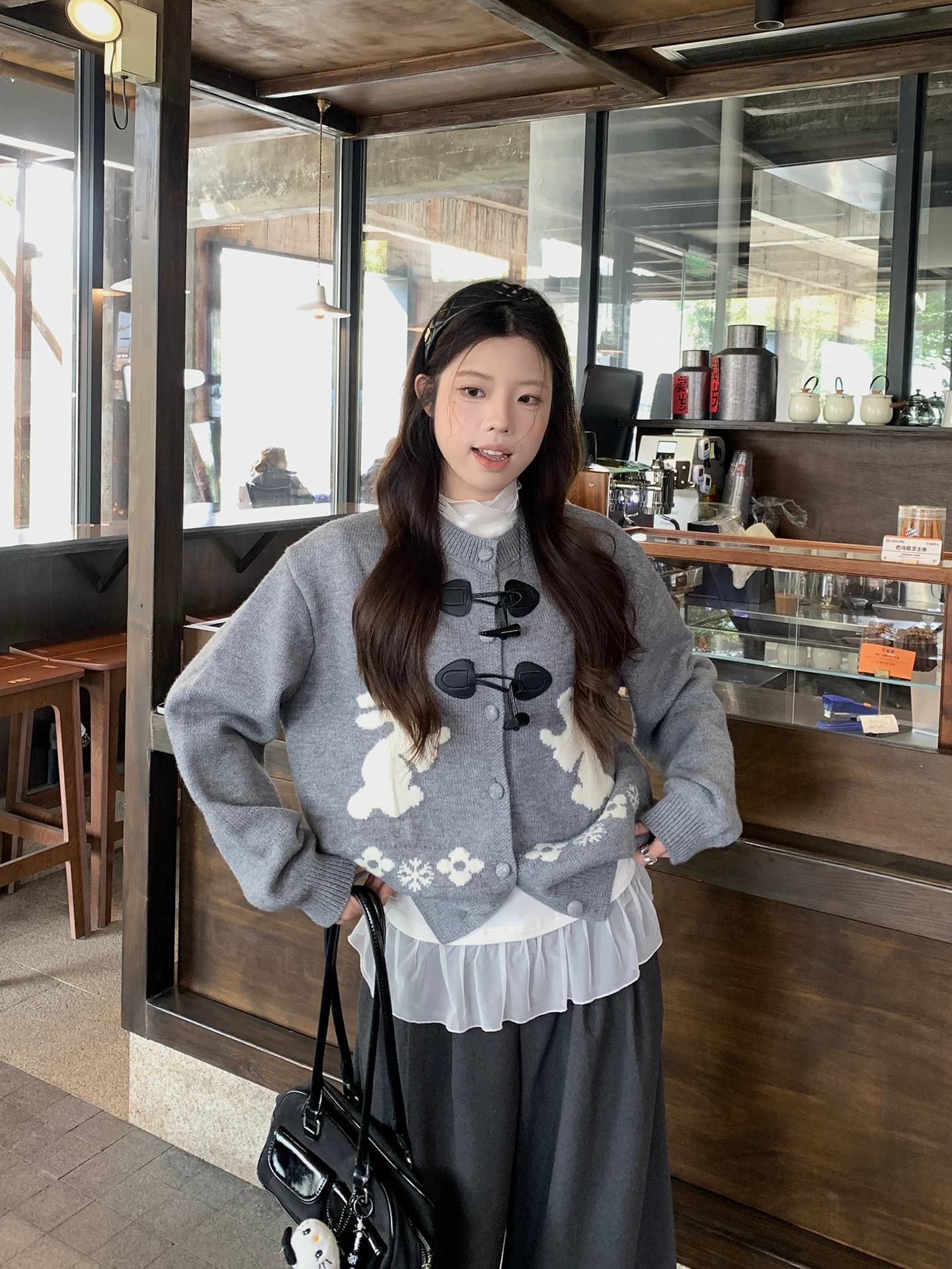느긋한 스웨터 세트 여성 소뿔 버클 토끼 자카드 오픈 가디건 인사이드 가져 가라. 베이비 칼라 도트 무늬 맨위 투피스 세트 상세 이미지 20