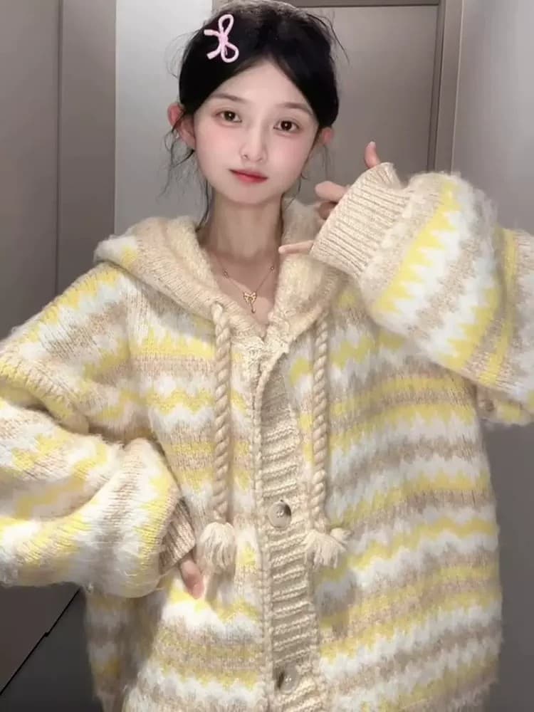 황색 패치워크 색상 후드 스웨터 여성 코트 2026 새로운 가을 겨울 두꺼운 루즈핏 느긋한 바람 니트 오픈 가디건 맨위 이미지 4
