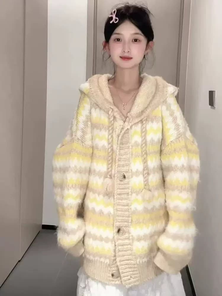 황색 패치워크 색상 후드 스웨터 여성 코트 2026 새로운 가을 겨울 두꺼운 루즈핏 느긋한 바람 니트 오픈 가디건 맨위 상세 이미지 4