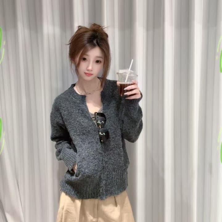 미니멀리즘 폴로 칼라 지퍼 니트 오픈 가디건 여성 가을 겨울철 새로운 고급 센스 혼방 꽃 실 맨위