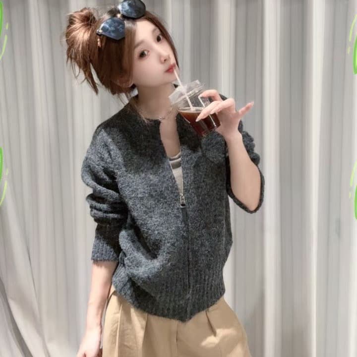 미니멀리즘 폴로 칼라 지퍼 니트 오픈 가디건 여성 가을 겨울철 새로운 고급 센스 혼방 꽃 실 맨위 이미지 4