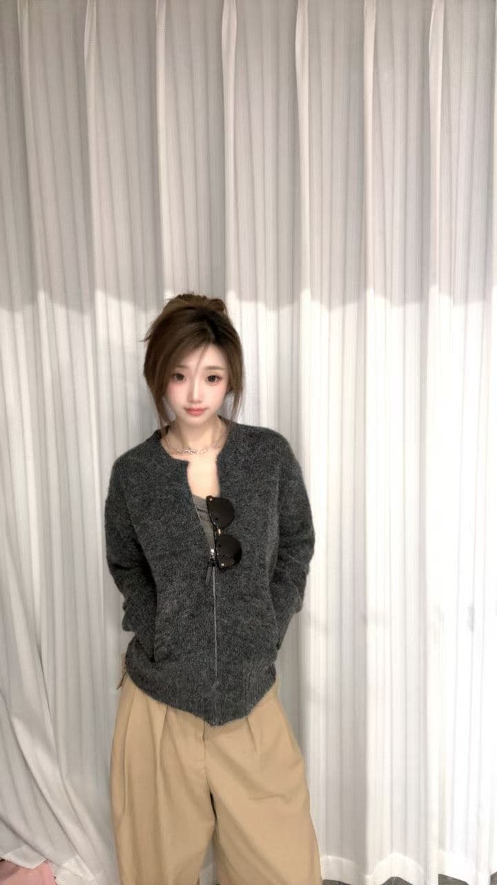 미니멀리즘 폴로 칼라 지퍼 니트 오픈 가디건 여성 가을 겨울철 새로운 고급 센스 혼방 꽃 실 맨위 상세 이미지 4