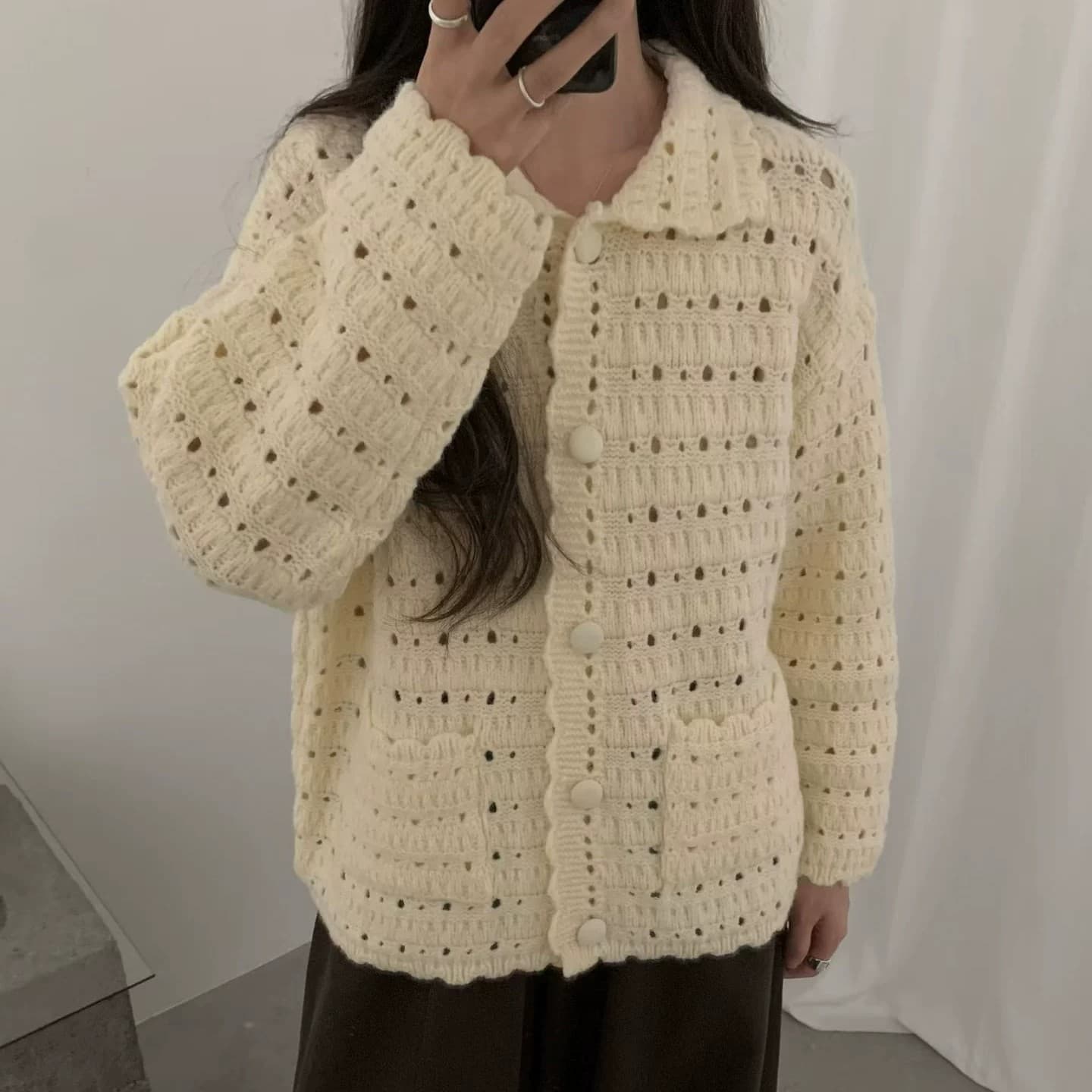 부드러운 바람 레트로 폴로 칼라 홀로우 아웃 자수 니트 오픈 가디건 여성 가을 새로운 루즈핏 다용도 연령 감소 스웨터 코트 상세 이미지 9