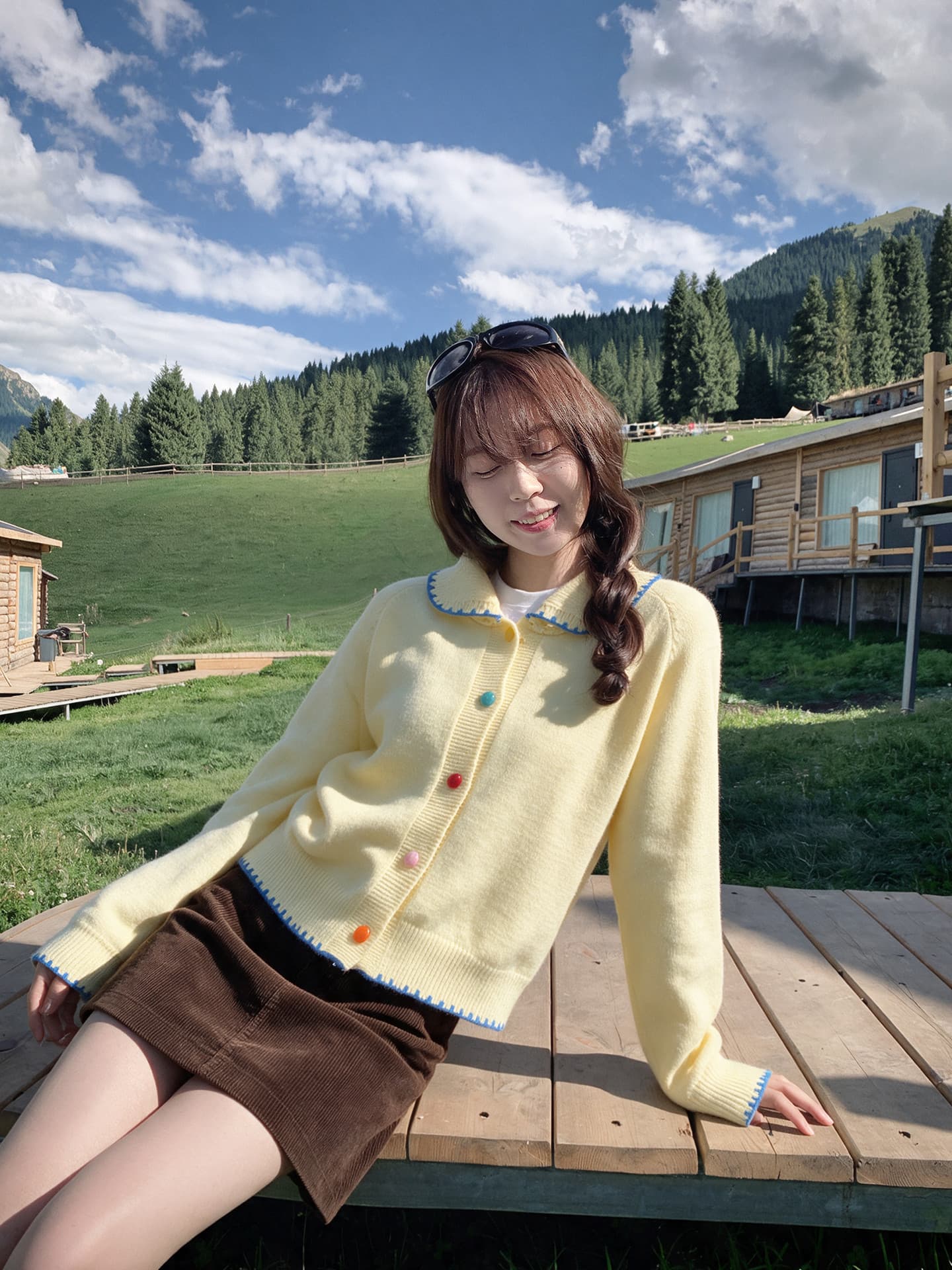 한 부서 우유 황색 색상 버클 니트 오픈 가디건 여성 가을 베이비 칼라 레이스 스웨터 연령 감소 달콤함 맨위 이미지 2