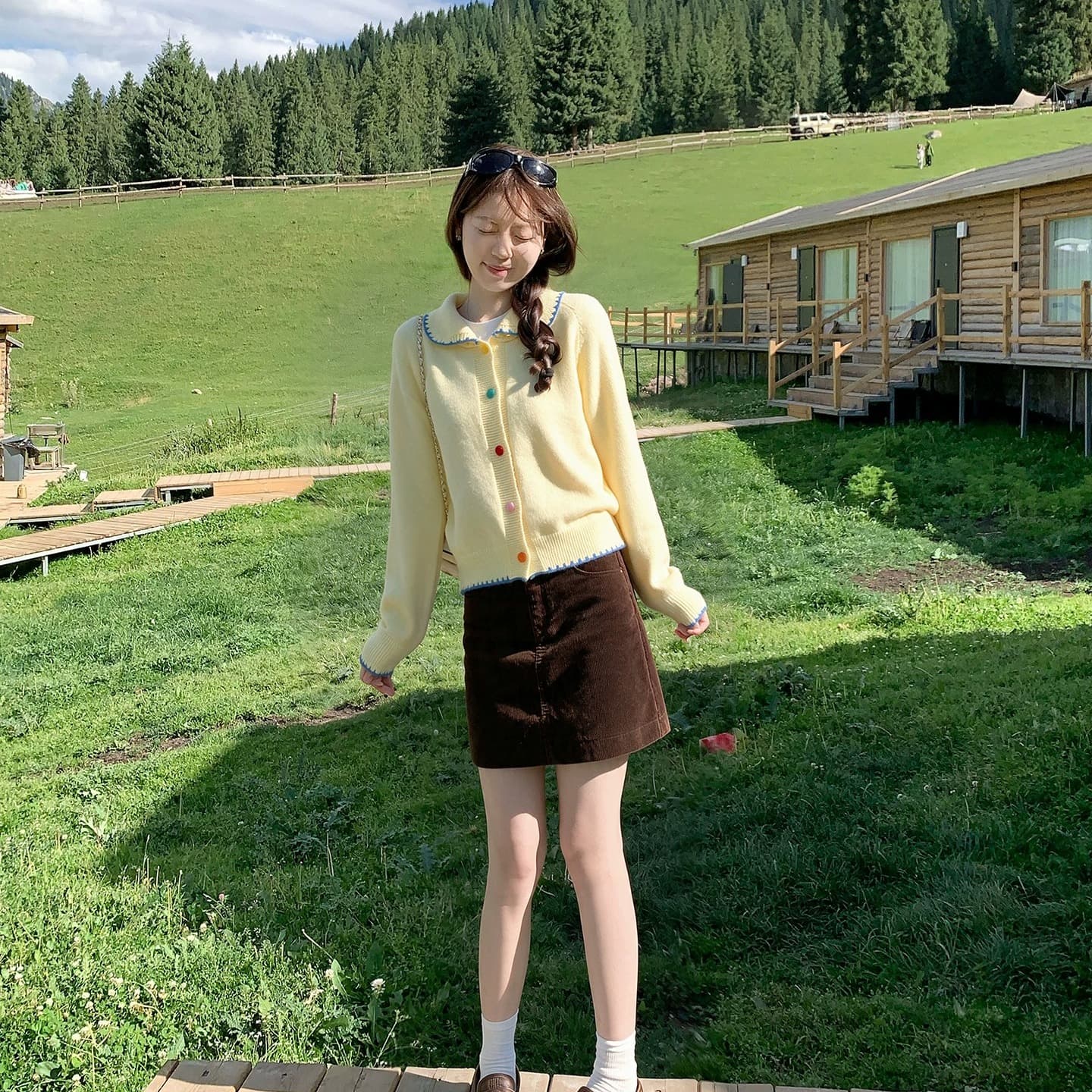 한 부서 우유 황색 색상 버클 니트 오픈 가디건 여성 가을 베이비 칼라 레이스 스웨터 연령 감소 달콤함 맨위 이미지 5